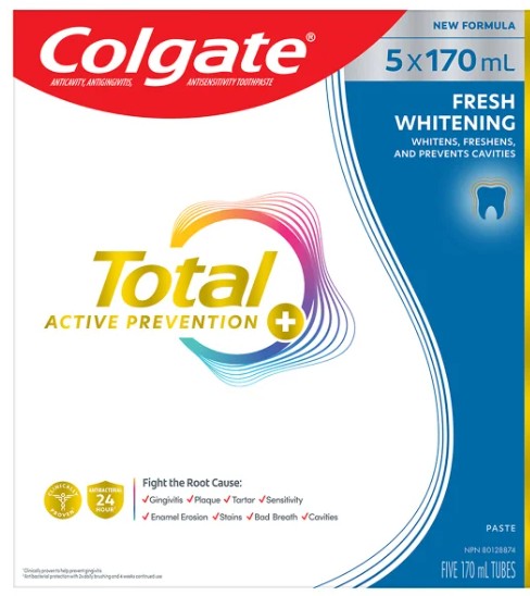Colgate Active Prevention Plus Fresh Whitening Toothpaste, 5 X 170 mL
