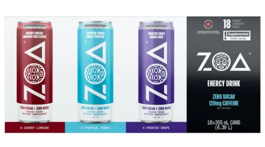 ZOA Zero Sugar Energy Drink Variety Pack 355 mL, 18-pack